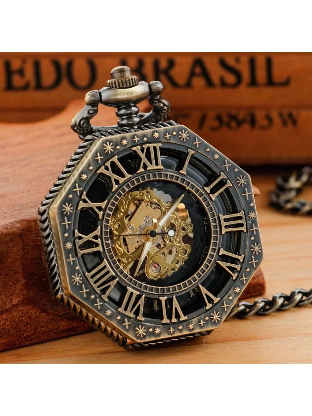 Men Black Retro Skeleton Roman Numerals Hollow Mechanical Octagonal Pocket Watch